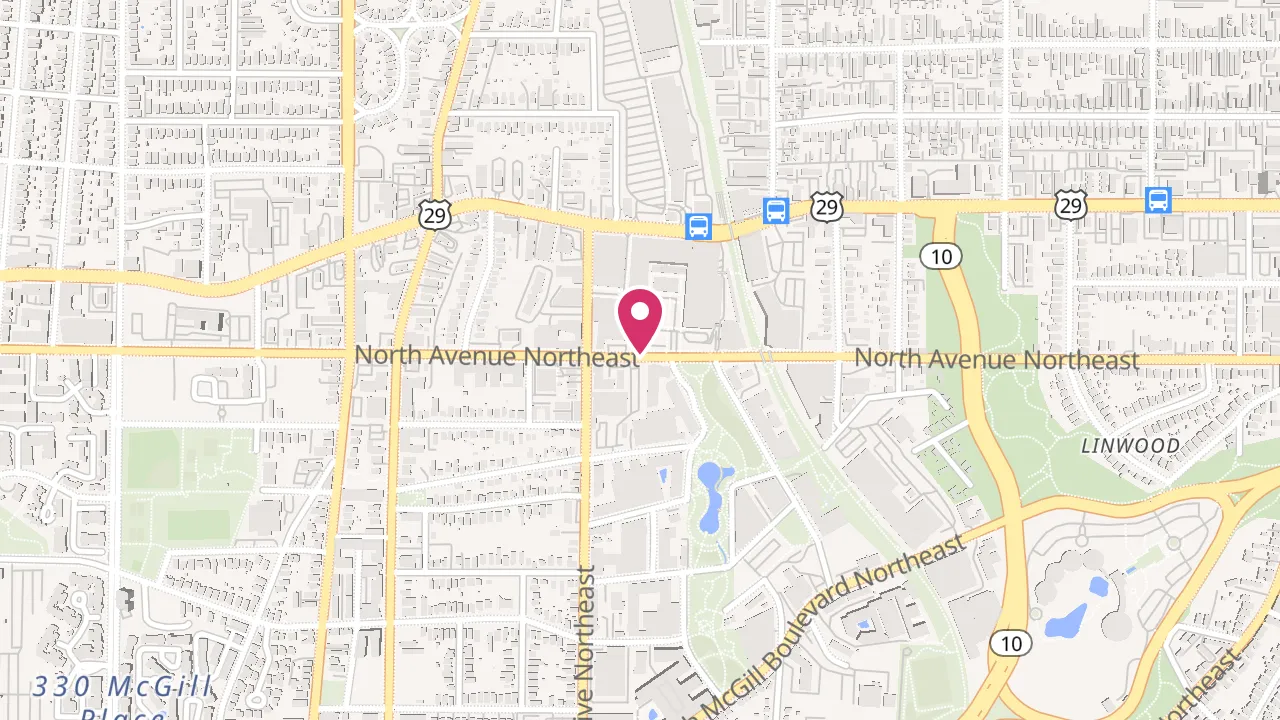 Map showing AMLI Ponce Park at 641 North Ave. NE, Atlanta, GA 30308