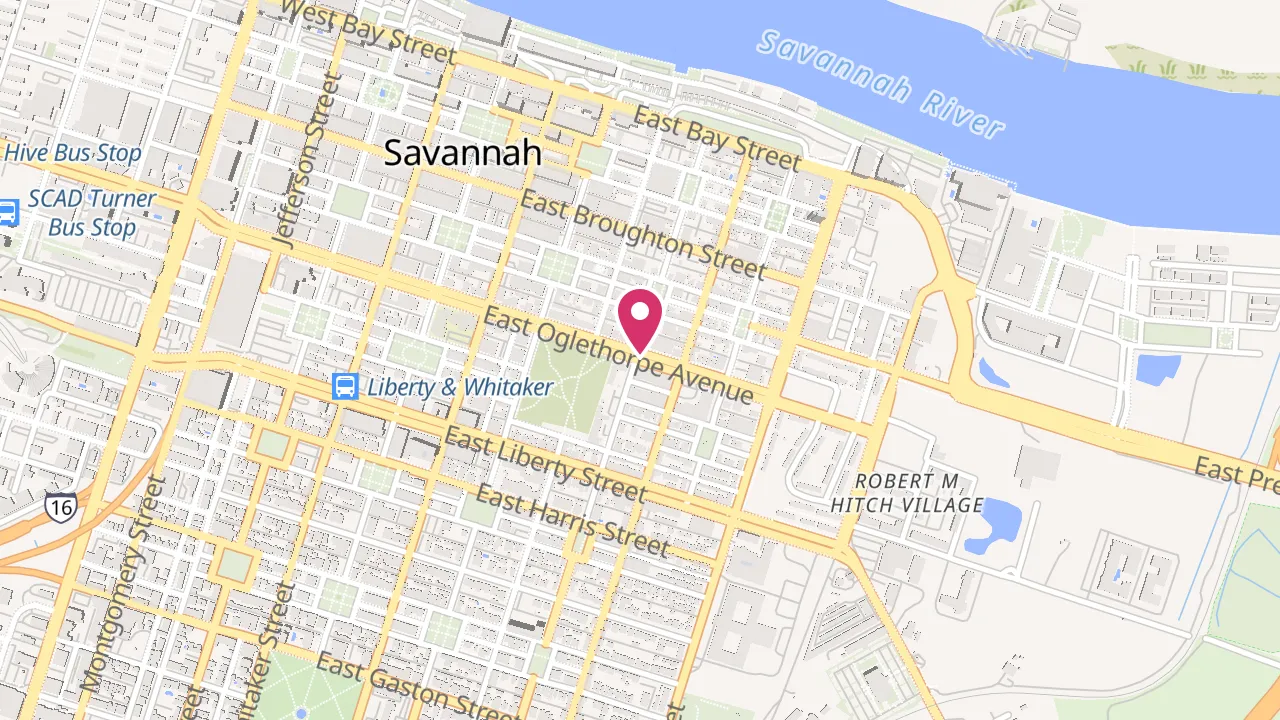 Map showing Capital Collective Luxury Apartments at 401 E Oglethorpe Ave, Savannah, GA 31401