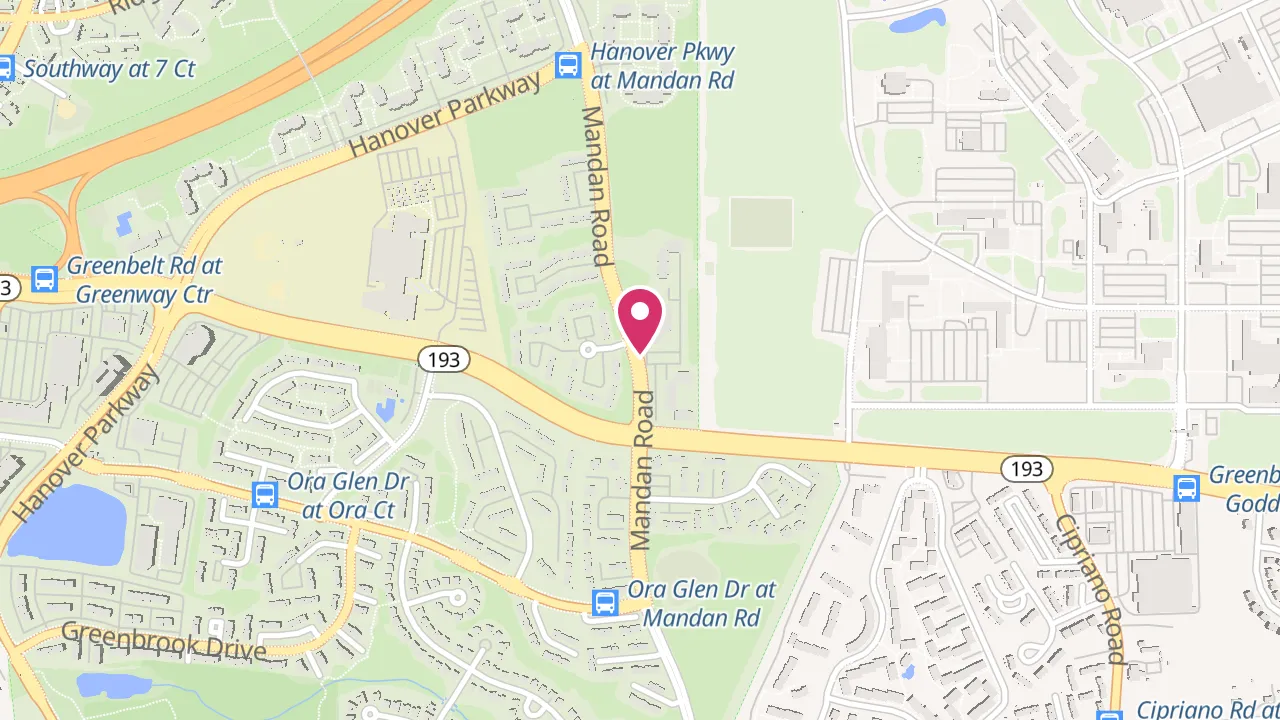 Map showing Glen Oaks Apartments at 7509 Mandan Rd, Suite 104, Greenbelt, MD 20770