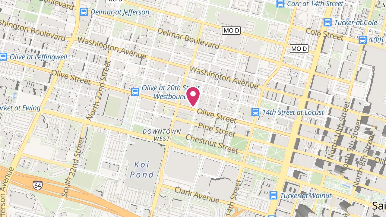 Map showing The Victor at 1717 Olive Street (Leasing Office located on 18th St), St. Louis, MO 63103